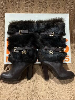 Michael Kors Dark Brown Fur-Trim High-Heel Booties